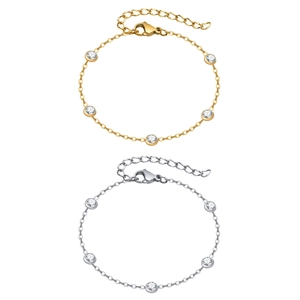 Minimalist stainless steel bracelets with five white zircons in gold and silver finishes