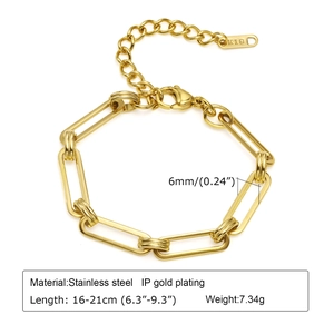 Bracelet chaîne à maillons trombone de 6 mm en acier inoxydable plaqué or pour femme
