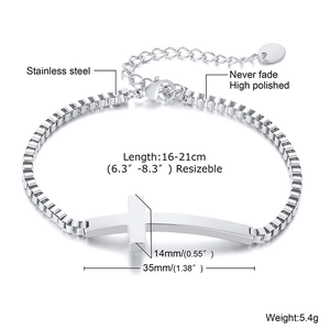 Polished stainless steel cross pendant bracelet with box chain and adjustable clasp