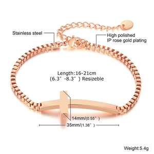 Detailed specs of rose gold stainless steel cross bracelet with 16-21cm adjustable chain