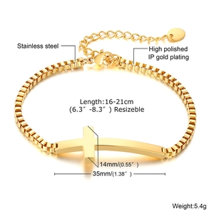 Detailed view of gold stainless steel cross bracelet with size and material specifications