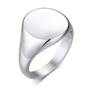Polished silver stainless steel signet ring with a minimalist flat round surface