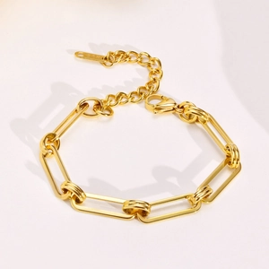 Bracelet Chaîne Trombone Minimaliste en Acier Inoxydable pour Femme Plaqué Or 18K Bracelet à Maillons Rectangulaires Réglable Bijoux Cadeau