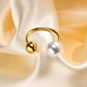 Bague ouverte en acier inoxydable doré 18K avec perle et bille en métal poli