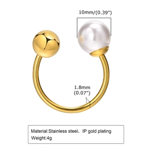 Bague ouverte en acier inoxydable doré avec perle de 10mm et bille métallique chic