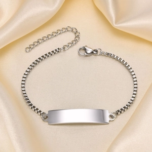 Minimalist silver stainless steel box chain bracelet with engravable ID plate for women