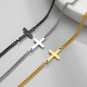 Minimalist stainless steel cross bracelets in black, silver, and gold polished finishes