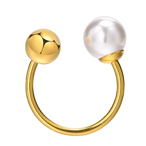 Bague ouverte minimaliste en acier inoxydable doré 18 carats avec perle et bille