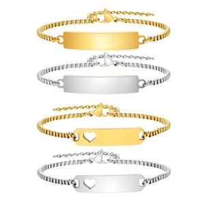 Minimalist stainless steel box chain ID bracelets with heart cutout in gold and silver