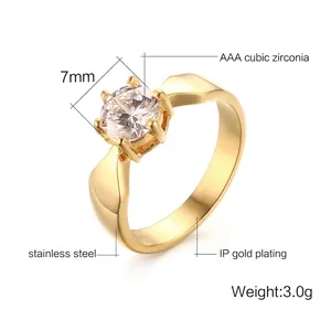 Anello solitario da 7mm in acciaio al titanio dorato con zircone AAA e sei griffe classiche