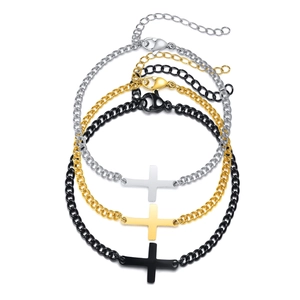 Three minimalist stainless steel cross bracelets in silver, gold, and black colors