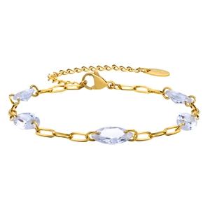 Gold stainless steel bracelet with marquise-cut white zircon stones and cross link chain