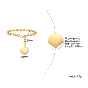 Bracelet cœur ajustable en acier inoxydable plaqué or IP avec finition polie brillante