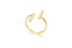 Detail of minimalist gold-plated stainless steel open ring with dual parallel bar design