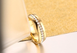 Detailed macro view of gold plated stainless steel ring with channel set white crystals