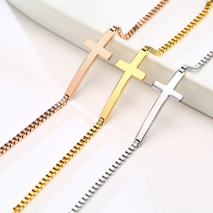 Three-tone stainless steel cross pendant box chain bracelets in gold, silver, and rose gold