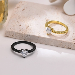 Anello in Acciaio Inossidabile con Zirconia a Cuore Fascia con Perline Oro Nero Argento Placcato Gioielli Moda Donna