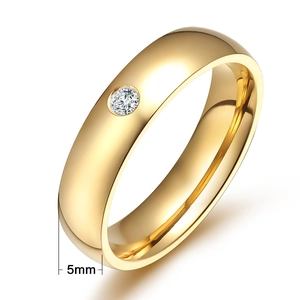 Polished 5mm gold stainless steel ring with a sparkling round zircon stone inlay
