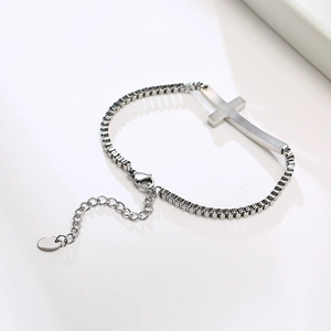 Polished silver stainless steel cross pendant bracelet with adjustable box chain for women