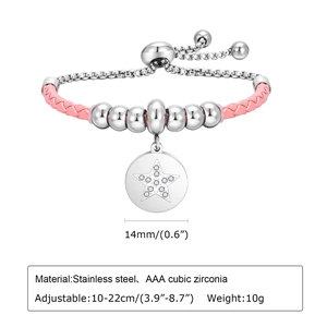 Adjustable stainless steel bracelet with pink leather, star pendant and cubic zirconia