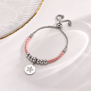 Stainless Steel Zirconia Star Round Pendant Bracelet Pink Braided Leather Adjustable Bolo Clasp Bracelet For Women Jewelry