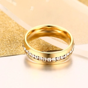 Elegant gold plated titanium steel ring featuring a full circle of cubic zirconia stones