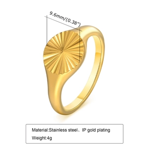 Polished stainless steel oval ring with IP gold plating and pleated sunburst texture