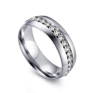 Polished silver stainless steel ring with channel-set cubic zirconia in a 45-degree view