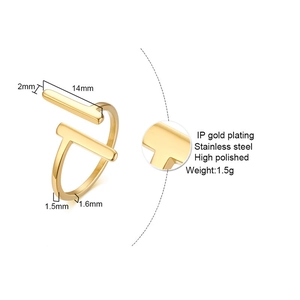Minimalist gold-plated stainless steel open ring with detailed size measurements