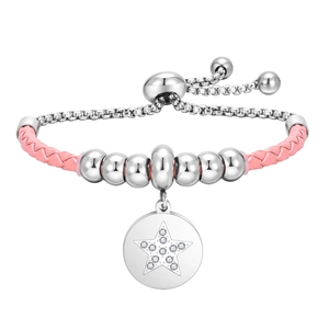 Pink braided leather bracelet with stainless steel star charm and adjustable bolo clasp