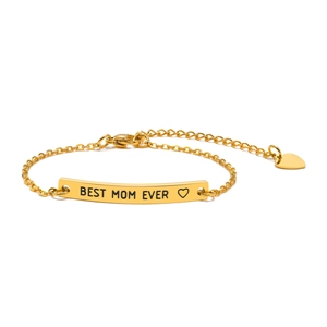 Gold stainless steel bracelet with Best Mom Ever engraving and heart charm for women