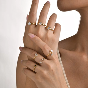 18K gold plated stainless steel ring set with assorted cubic zirconia stones for women