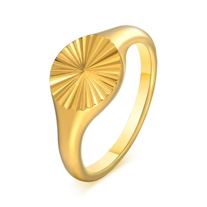 Polished gold stainless steel signet ring for women with engraved sunburst oval top