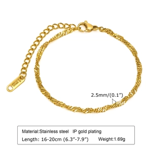 Detail of 2.5mm gold plated stainless steel wave chain with lobster clasp and extension