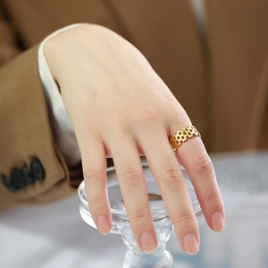 Golden stainless steel watch-band style mesh ring featuring a hollow geometric design