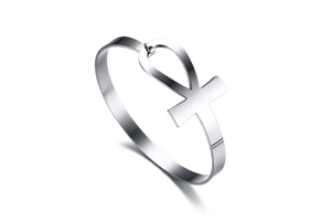 Detailed close-up of a silver polished stainless steel Ankh cross bangle with smooth finish