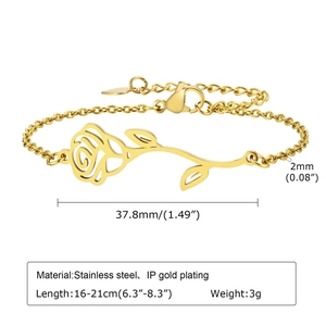 Minimalist gold stainless steel rose flower bracelet for women with adjustable O-link chain