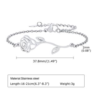 Detailed view of silver rose bracelet showing dimensions and stainless steel material