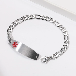 Silbernes Figaro-Medizin-ID-Armband mit rotem Stern und gebogener Metallplatte