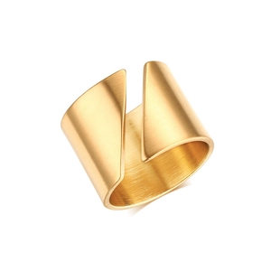 Minimalist gold stainless steel open ring with brushed metal texture and overlap design