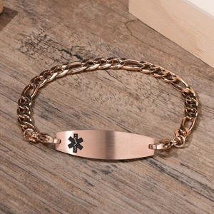 Roségold-Armband mit Figaro-Kette, medizinischem Symbol und matter Metallplatte für Damen