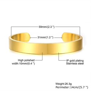 Detailed dimensions of gold vacuum plated stainless steel cuff with high polish finish