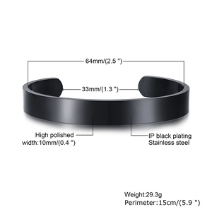 Technical dimensions of 10mm black stainless steel open C-shape bangle bracelet