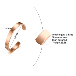 Detail of 8mm rose gold stainless steel bangle with polished finish and dimensions