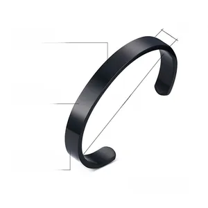 Macro detail of 8mm black IP plated stainless steel cuff bracelet with dimensions