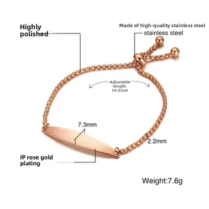 Detail of rose gold stainless steel bracelet with adjustable slide buckle and curved plate