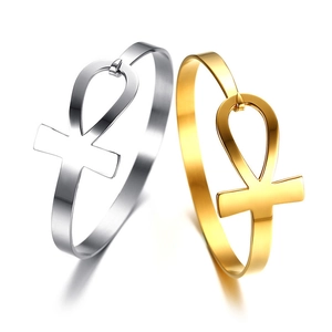 Minimalist Stainless Steel Ankh Cross Open Bangle For Women Gold Silver High Polished Egyptian Life Symbol Bracelet Fashion Jewelry