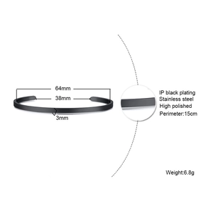 Detailed view of black IP-plated stainless steel cuff bracelet with precise dimensions