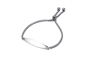 Polished silver metal bar bracelet with adjustable sliding closure and box chain