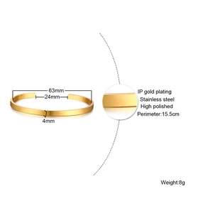 Detailed specs of 4mm gold-plated stainless steel open bangle with 63mm outer diameter